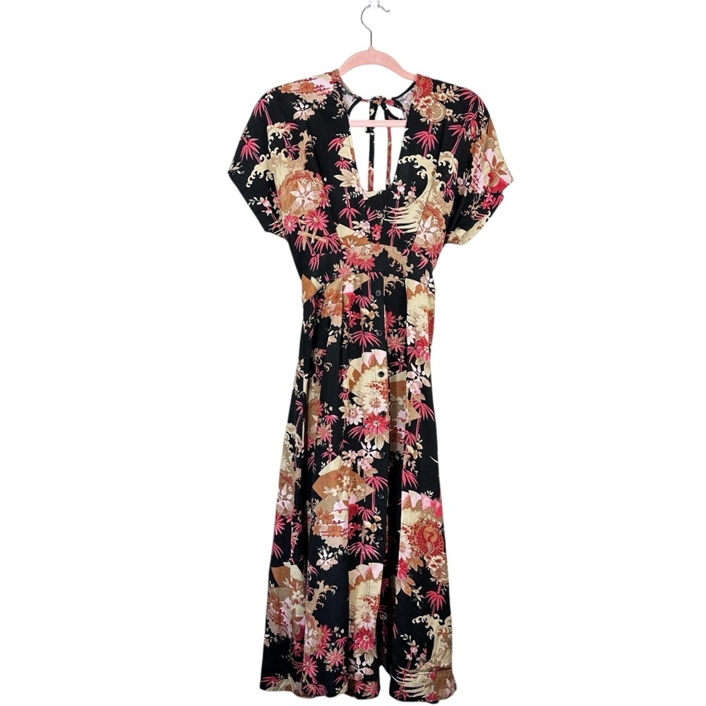Floral Print Linen Open Back Midi Dress Small prairie cottage earthy‎ neutral - Picture 2 of 11
